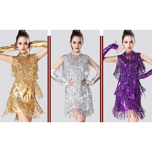 Women's latin dresses fringes paillette modern dance salsa chacha rumba samba stage performance chacha dancing dresses